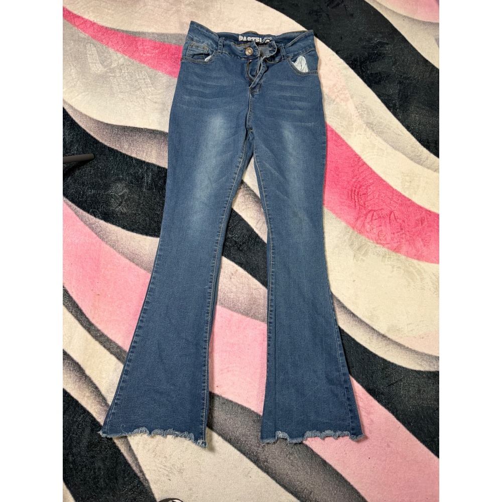 Pastel Jeans Womens Blue Flare Bell Bottom Denim Raw Hem Medium Wash Size 13/14